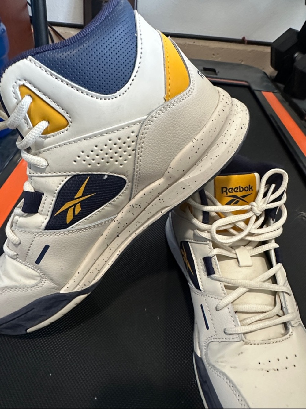 Reebok Men’s White, Navy & Yellow High-Top Athletic Sneakers